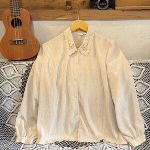 Cream Ivory Textured Blouse Laser Cut Collar Button Down Romantic Top ✨
